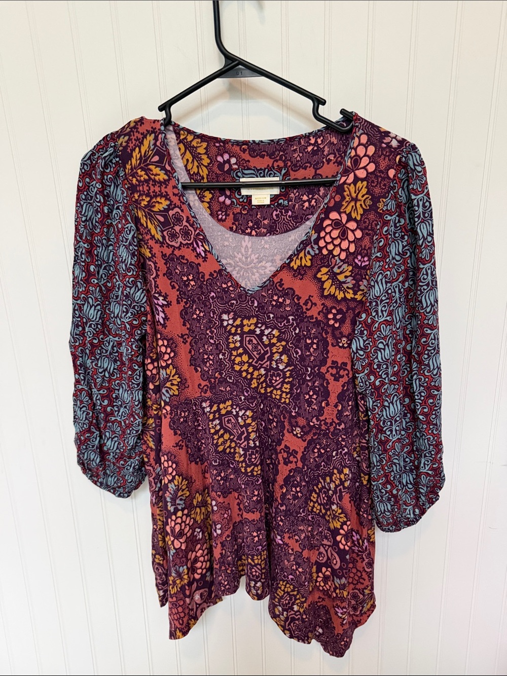 (113)Maeve by Anthropologie Plum Tunic with Teal and Mustard Print